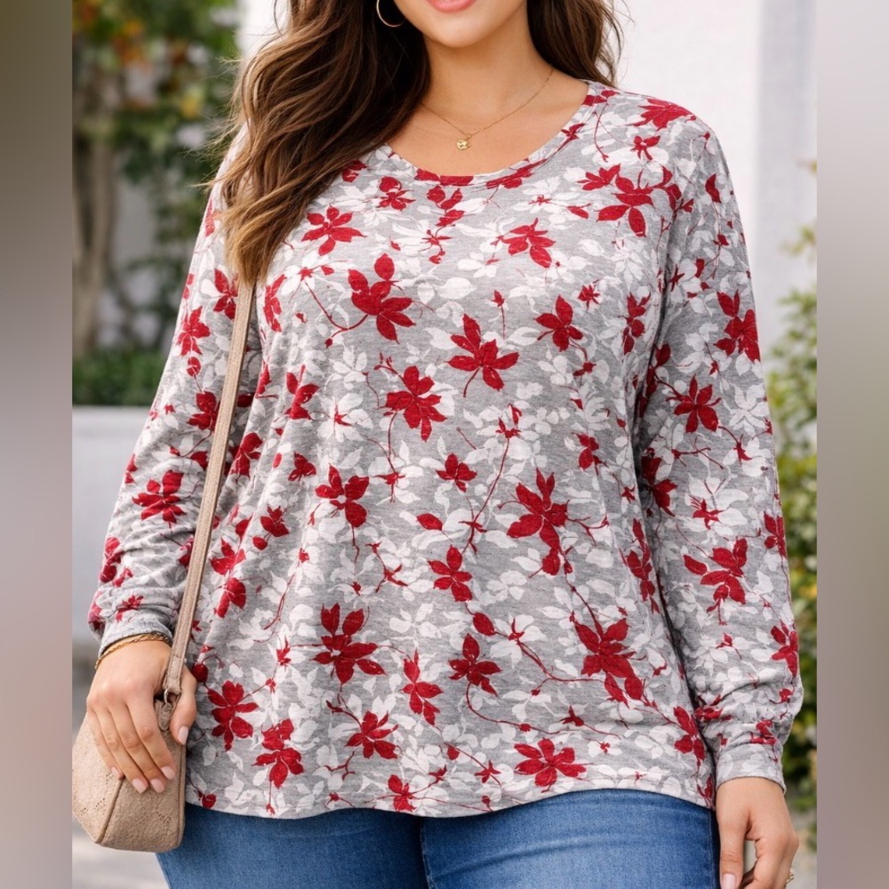 Liz Claiborne Floral Tunic Top Red White Gray Long Sleeve Boho Cotton Plus 2X